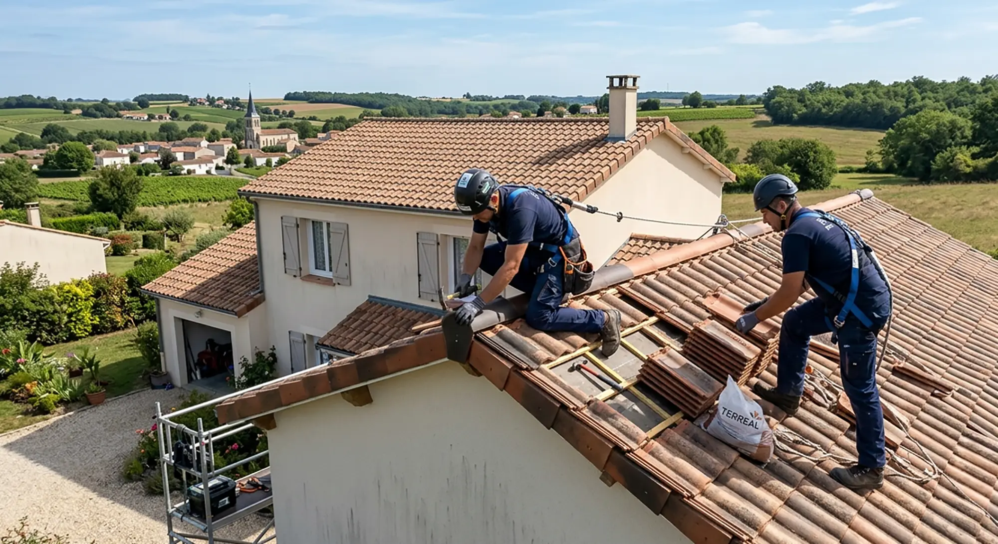 Artisans couvreurs travaillant sur une toiture à Vouillé